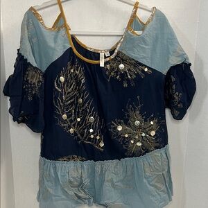 Elegant Women's Blouse in Blue and Gold